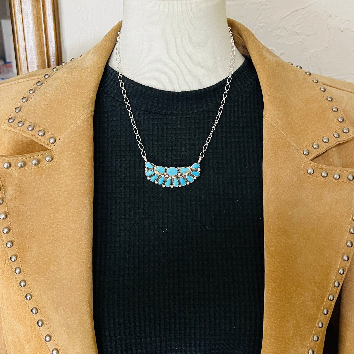 18" Turquoise Petit Point Cluster necklace Eunice Wilson Sterling silver