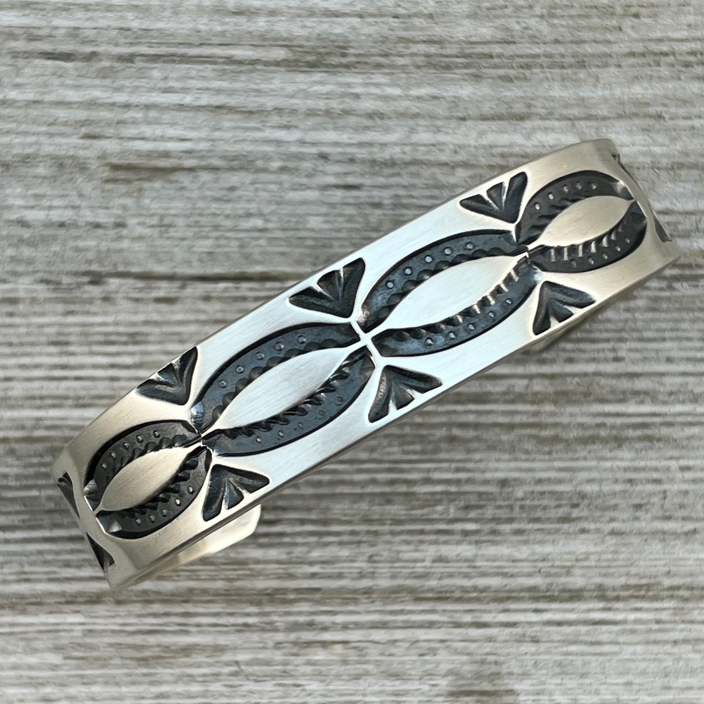 6.5" Heavy Stamped cuff bracelet 3, Navajo handmade Jerrold Tahe, sterling silver stack
