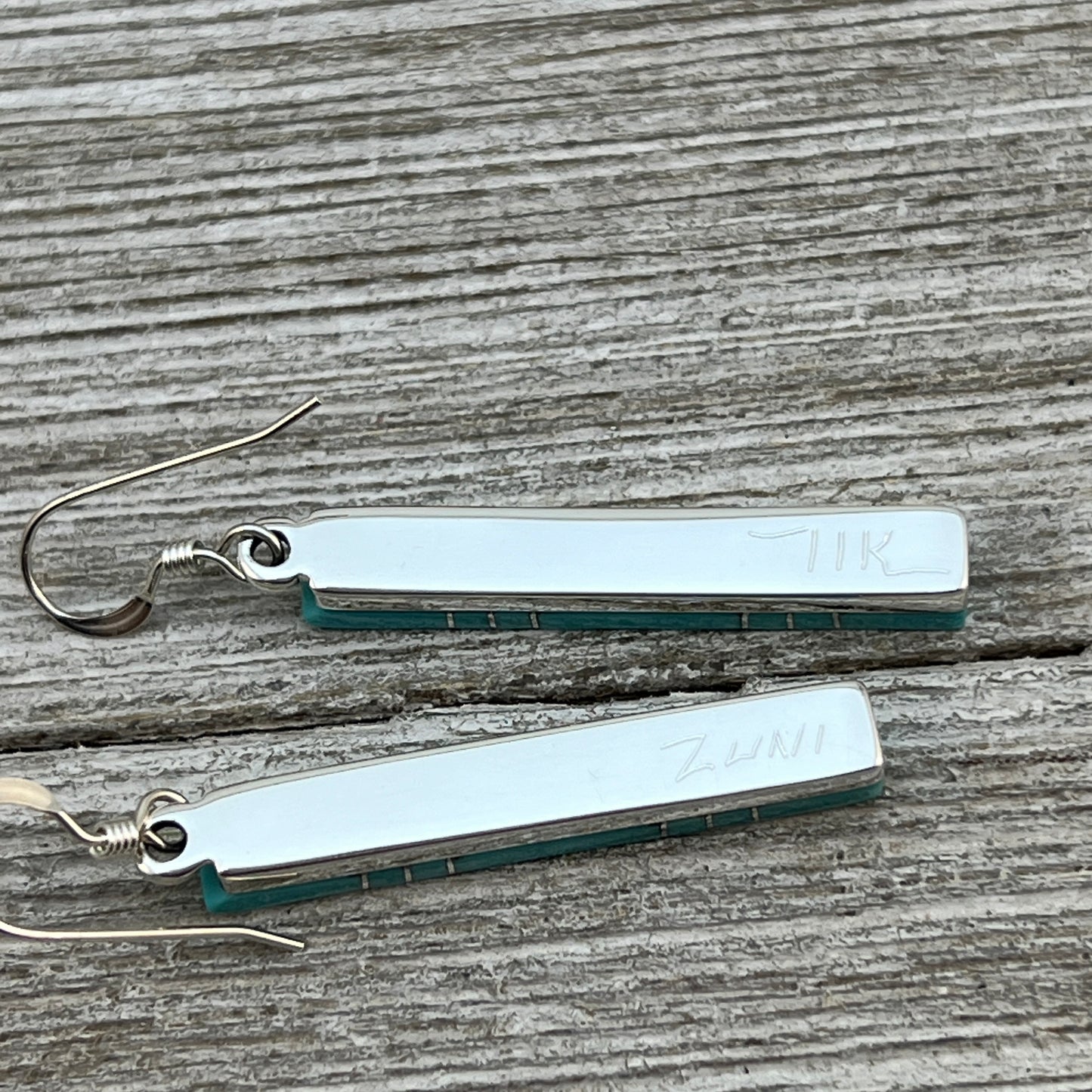 Modern Blue Turquoise inlay bar dangle earrings 2 sterling silver Zuni MaDerral Kallestewa
