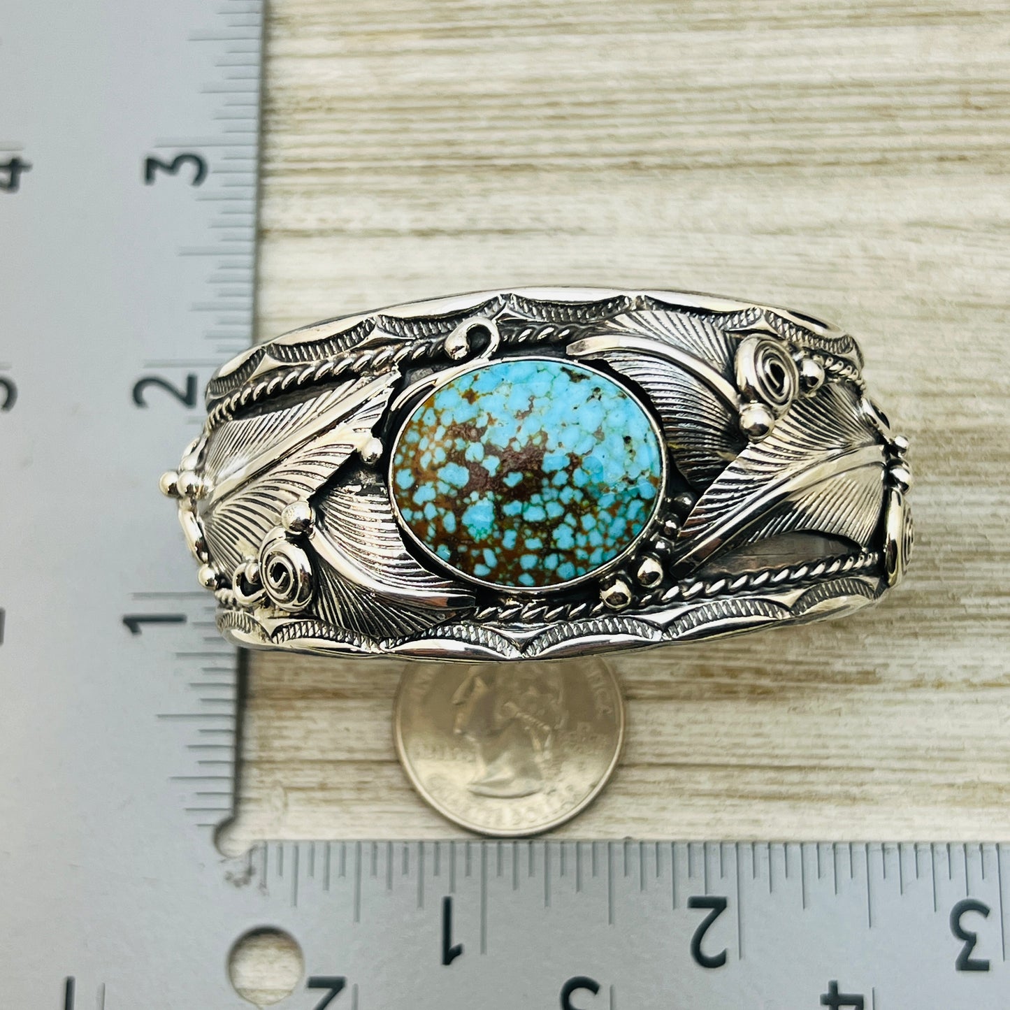 6 1/4" Kingman Spiderweb Turquoise floral cuff bracelet sterling silver Darrell Morgan BR3
