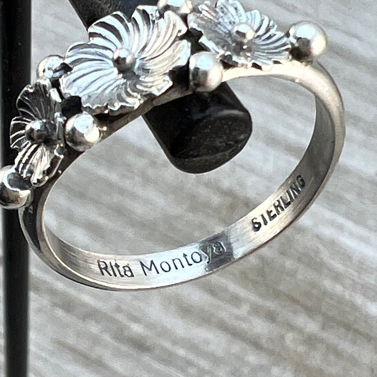 size 5.5 Sterling silver narrow skinny band, floral ring, Rita Montoya