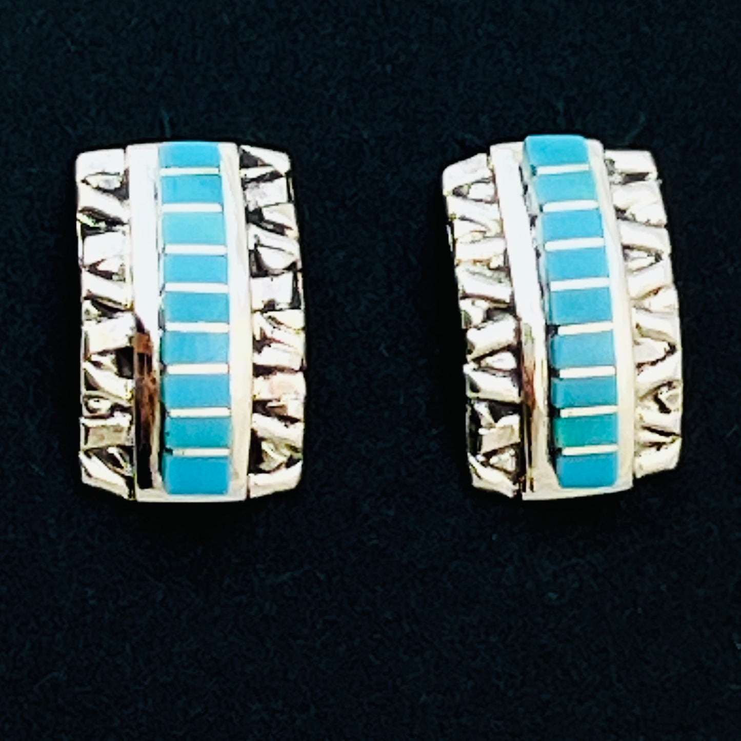 Small modern Turquoise inlay semi - hoop earrings Janelle Shebola Zuni Sterling silver ER42