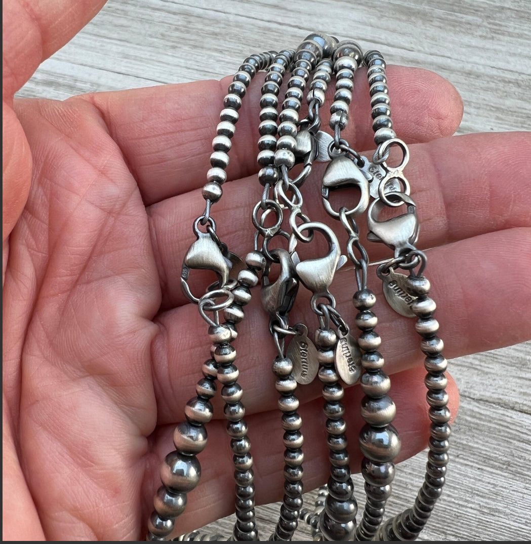 Real 925 sterling silver 4mm Black Onyx Necklace Oxidized Pearl BOHO Western Jewelry