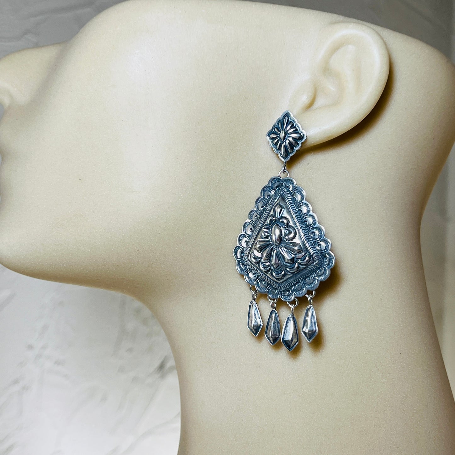 Large Stamped Concho earrings sterling silver Terry Charlie Navajo handmade ER29