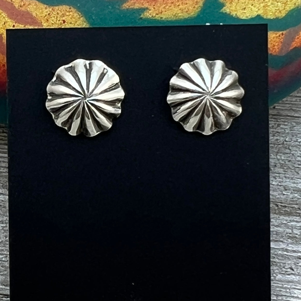 Lightweight small fluted Corrugated stamped concho earrings Sterling silver Sally Shurley