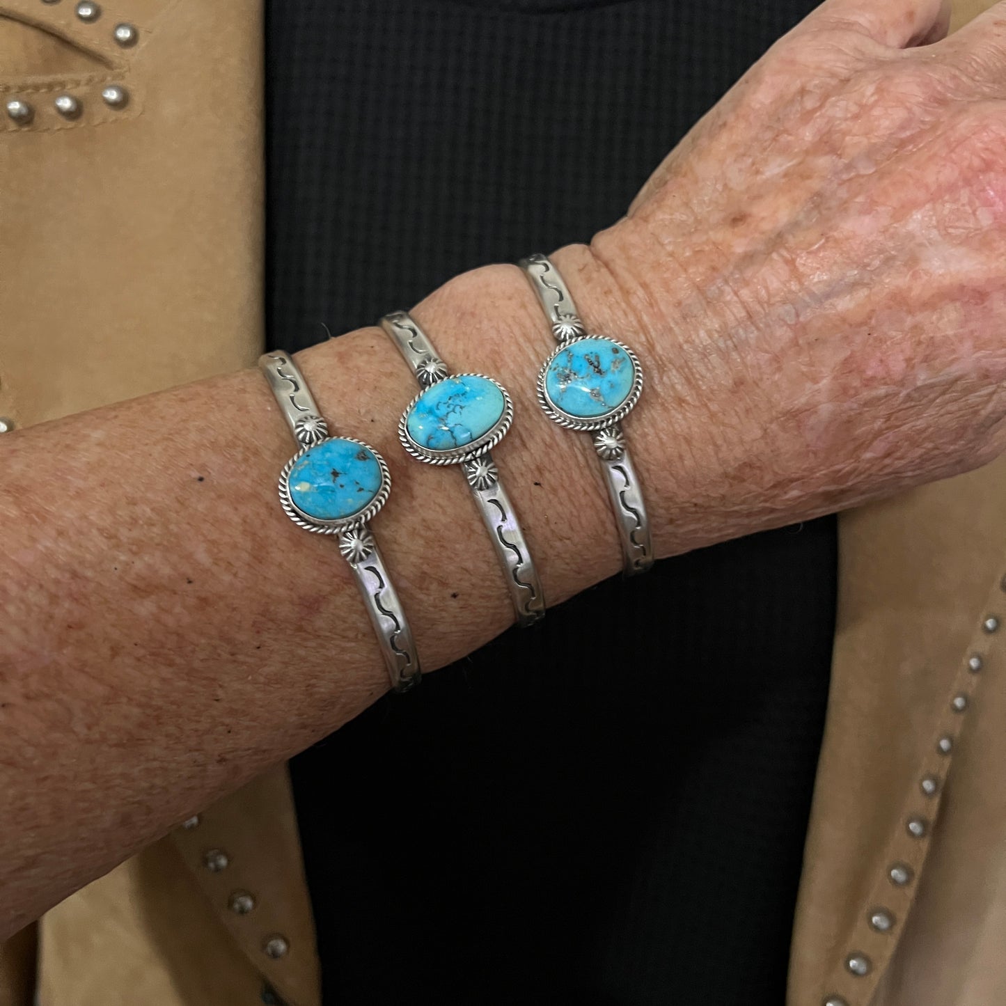 Blue Kingman Turquoise BOHO narrow Cuff bracelet Sterling Silver Samuel Yellowhair 14