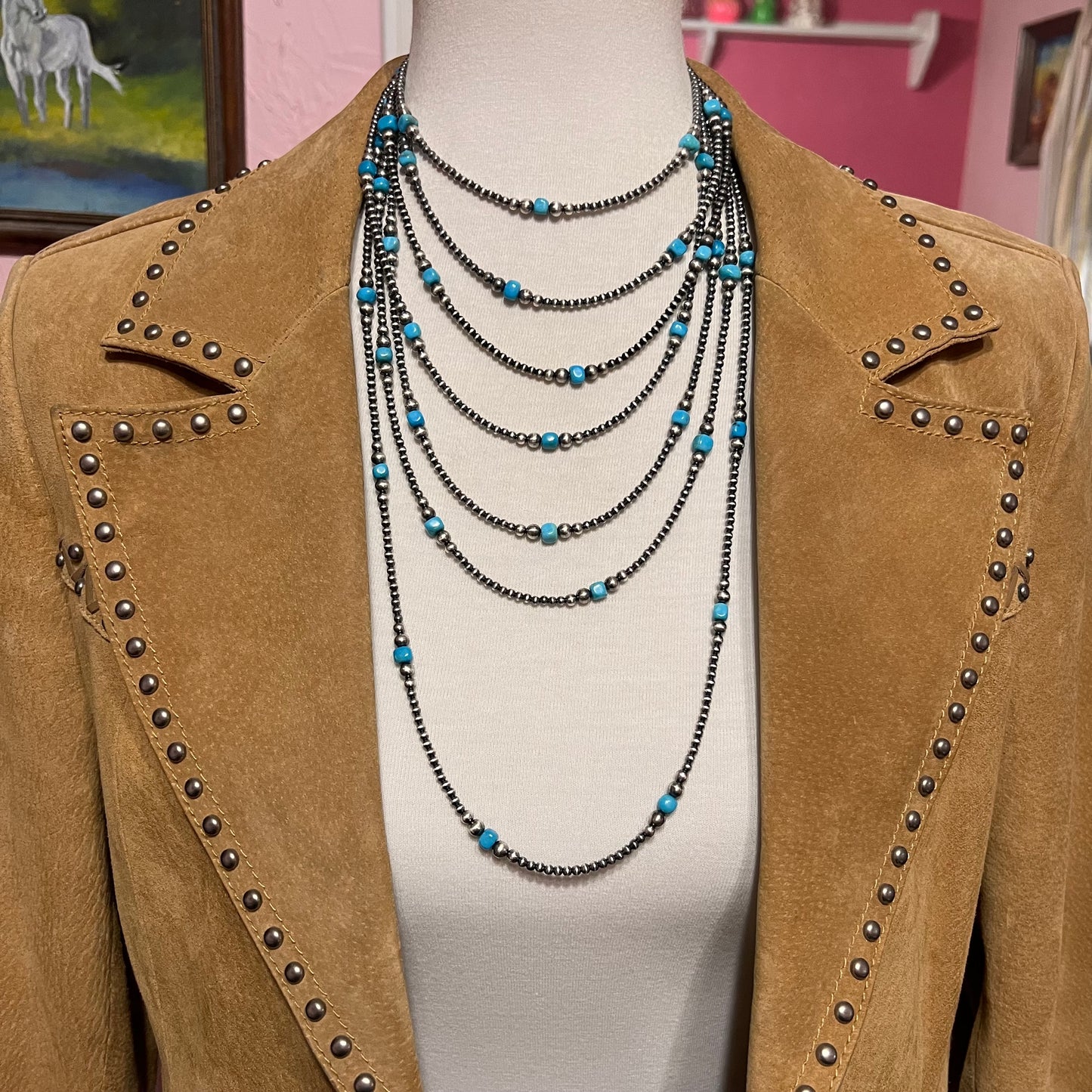 Real 925 Sterling Silver Pearls Graduated Turquoise Bead Necklace Oxidized Pearl Western Jewelry
