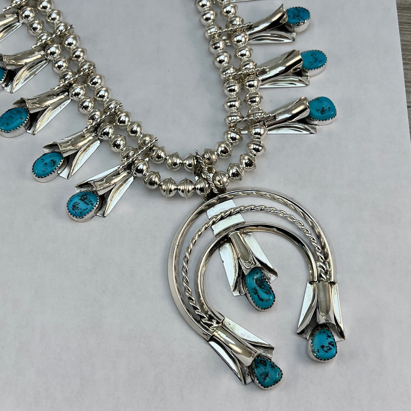 24" Sleeping Beauty Turquoise squash blossom necklace Louise Yazzie Sterling silver set