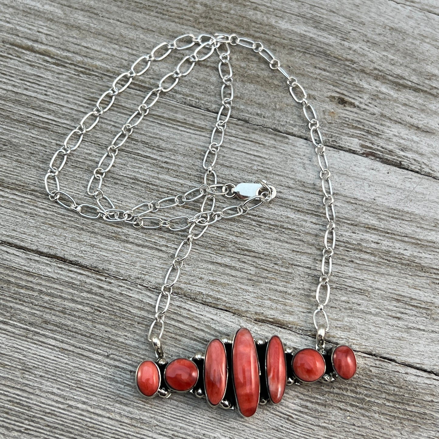 18" Spiny Oyster 7 stone Necklace Sterling Silver Navajo handmade Kimberly Yazzie 1