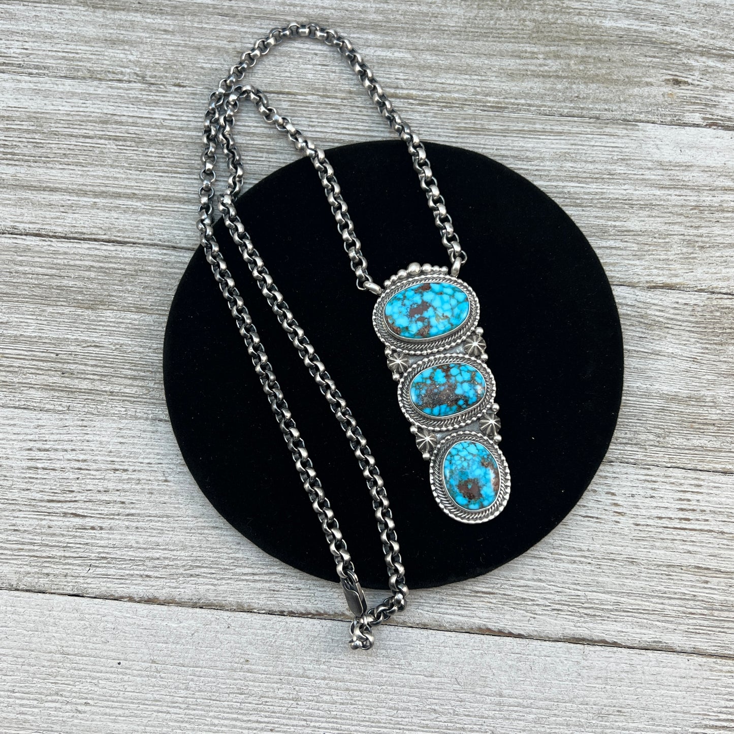24" spiderweb Kingman turquoise Necklace 3 Sterling Silver Rolo Chain Lewis