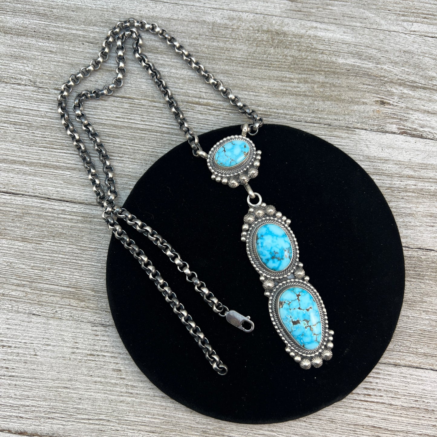 23" Blue Spiderweb Kingman turquoise Necklace, Sterling Silver Rolo Chain Navajo