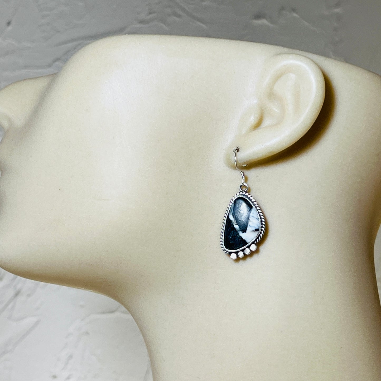 White Buffalo stone dangle earrings sterling silver Sharon McCarthy Navajo ER47