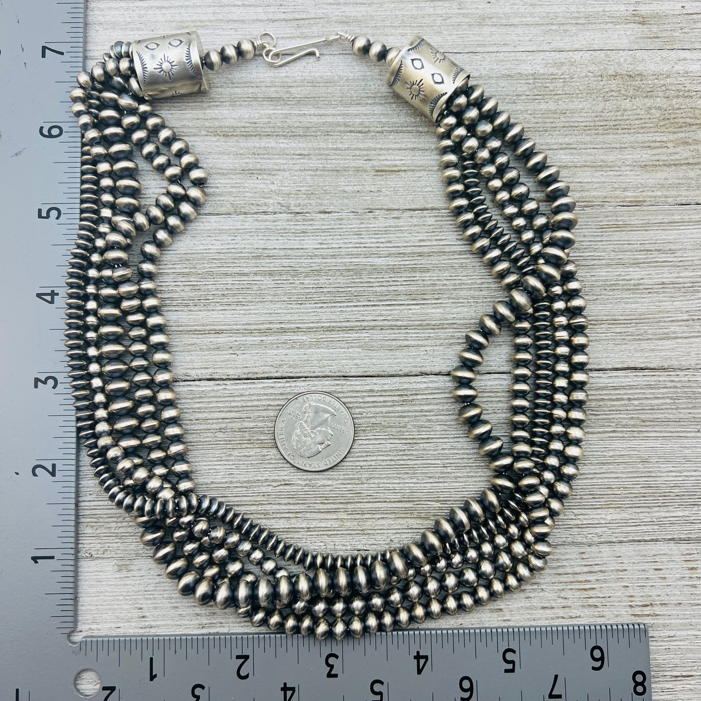 20" Sterling silver Navajo handmade multi 5 strand bead Pearl necklace Rena Begay 714