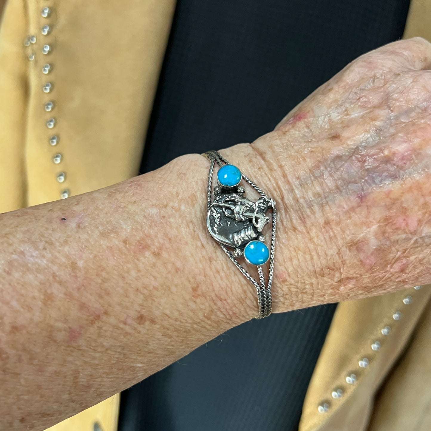 Barrel Racer Sterling silver turquoise cuff Bracelet Navajo handmade Marie Bahe 1