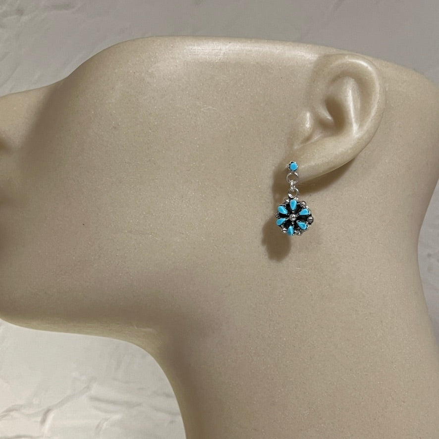 Small Zuni Petit point turquoise dangle cluster earrings, sterling silver turquoise Tricia Leekity