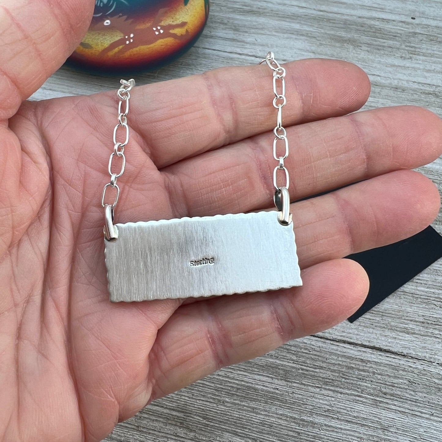 18" Blue Campitos turquoise rectangle bar necklace #1, Navajo handmade, sterling silver
