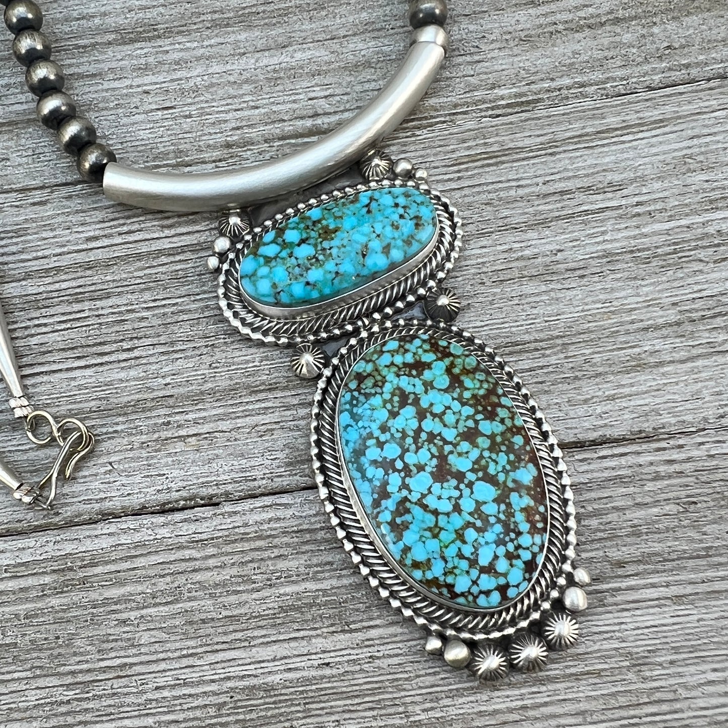Kingman Turquoise 18" necklace Sterling silver oxidized beads pearls TOM LEWIS