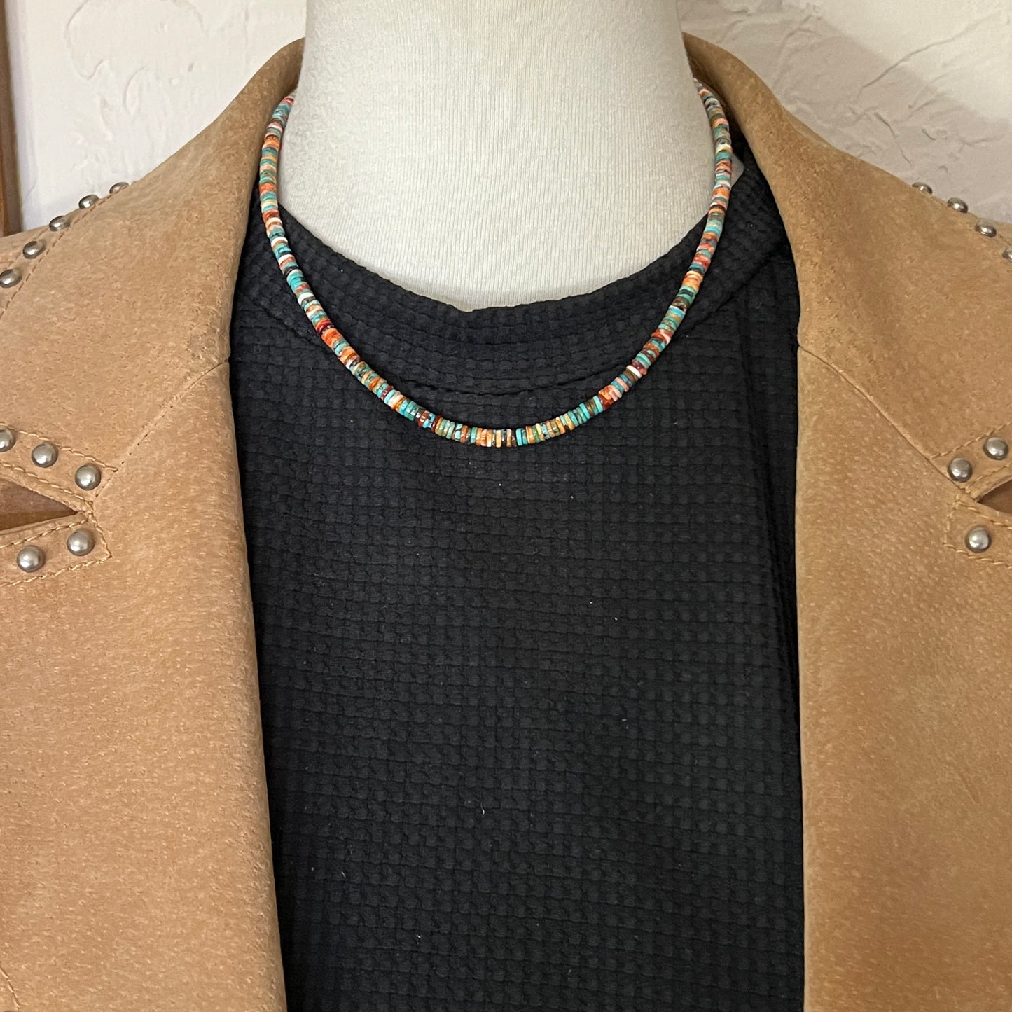 17", 4mm heishi necklace choker, turquoise red orange spiny oyster shell boho necklace