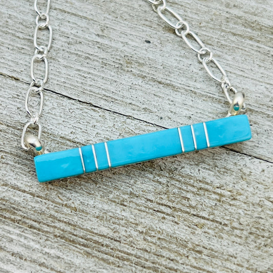 18" Turquoise inlay skinny bar necklace Zuni handmade MaDerral Kallestewa