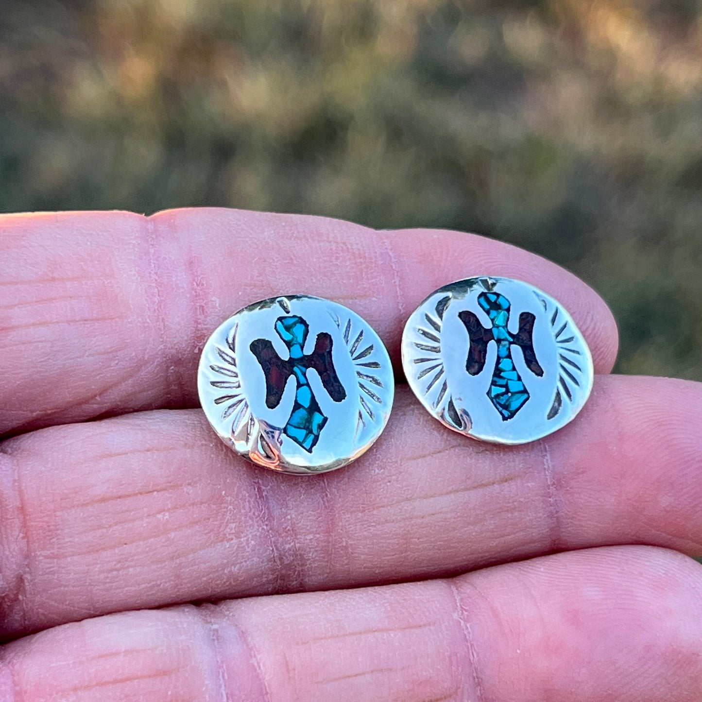 Turquoise Chip inlay Peyote bird small concho earrings Sterling silver Jolene Yazzie