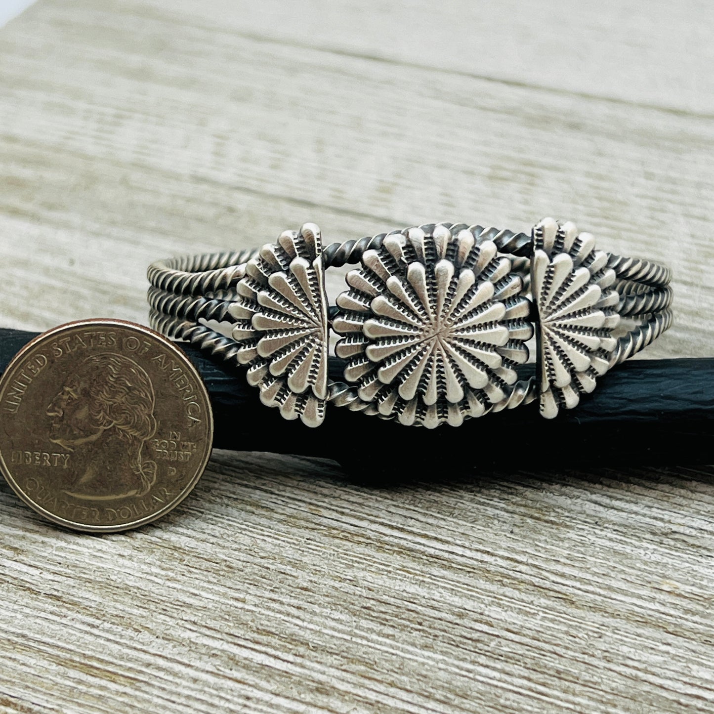6" Sterling Silver Concho cuff bracelet with twisted wire rope trim Navajo BR40