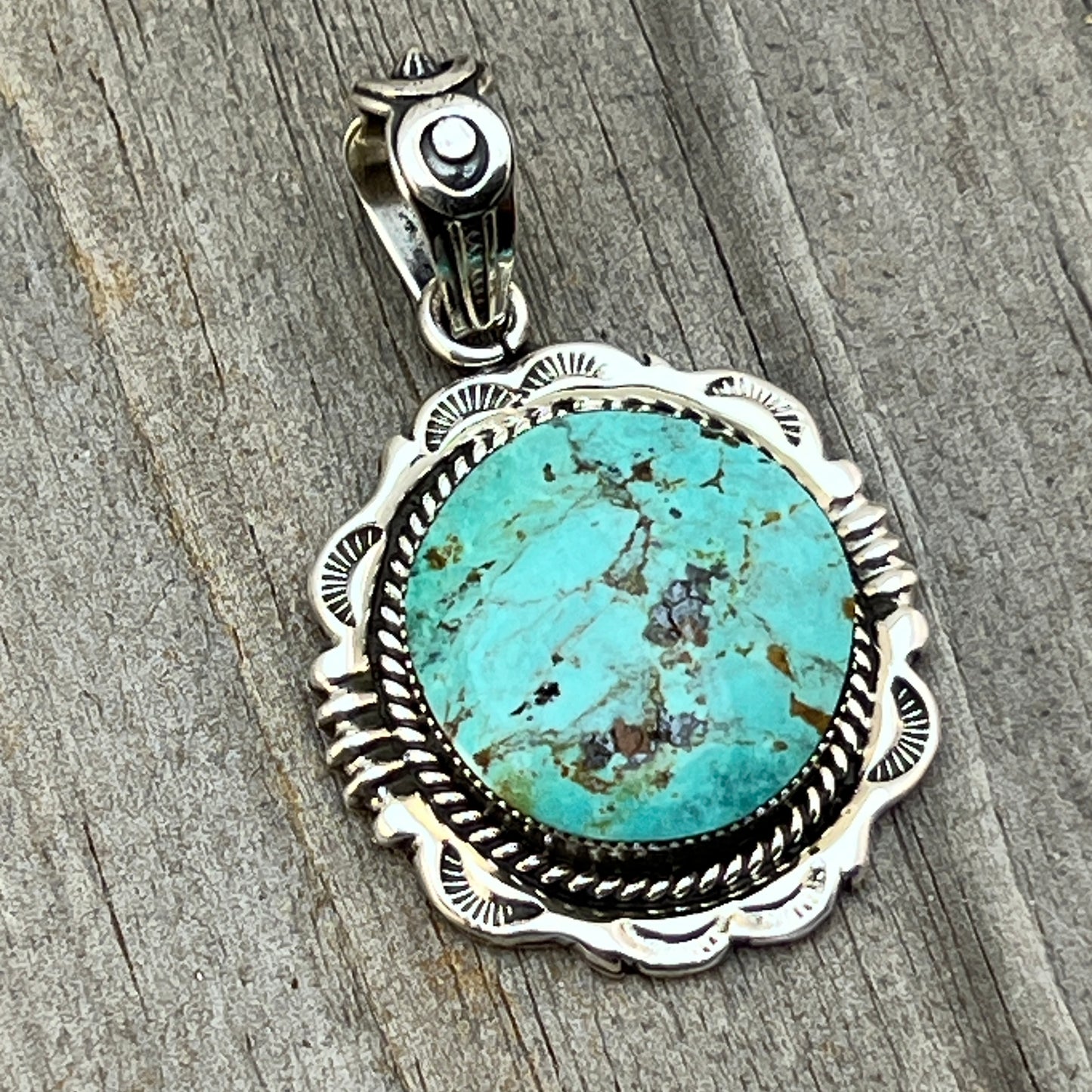 Kingman Turquoise Pendant Sterling silver Navajo handmade Jeremy Delgarito 765