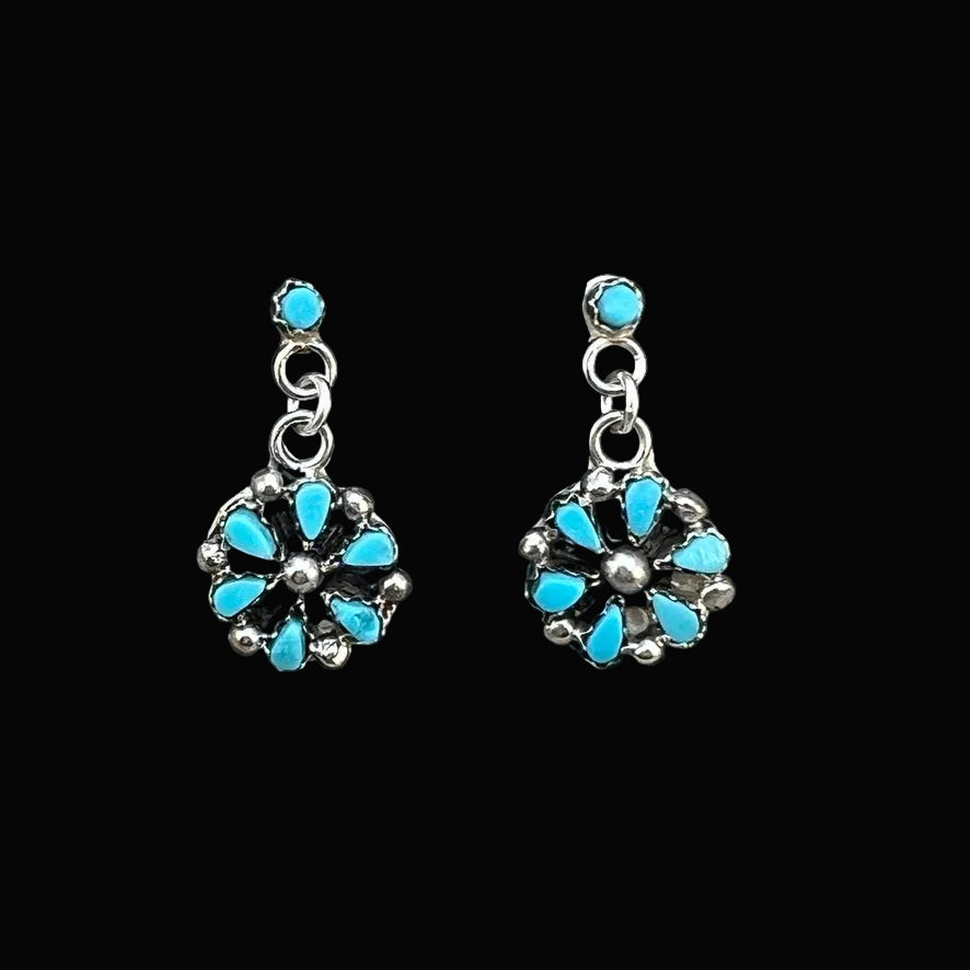 Small Zuni Petit point turquoise dangle cluster earrings, sterling silver turquoise Tricia Leekity
