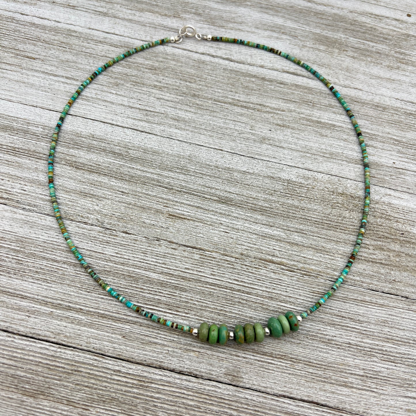 18 1/2" Green Kingman turquoise heishi necklace with rondelle beads Doreen Jake Navajo