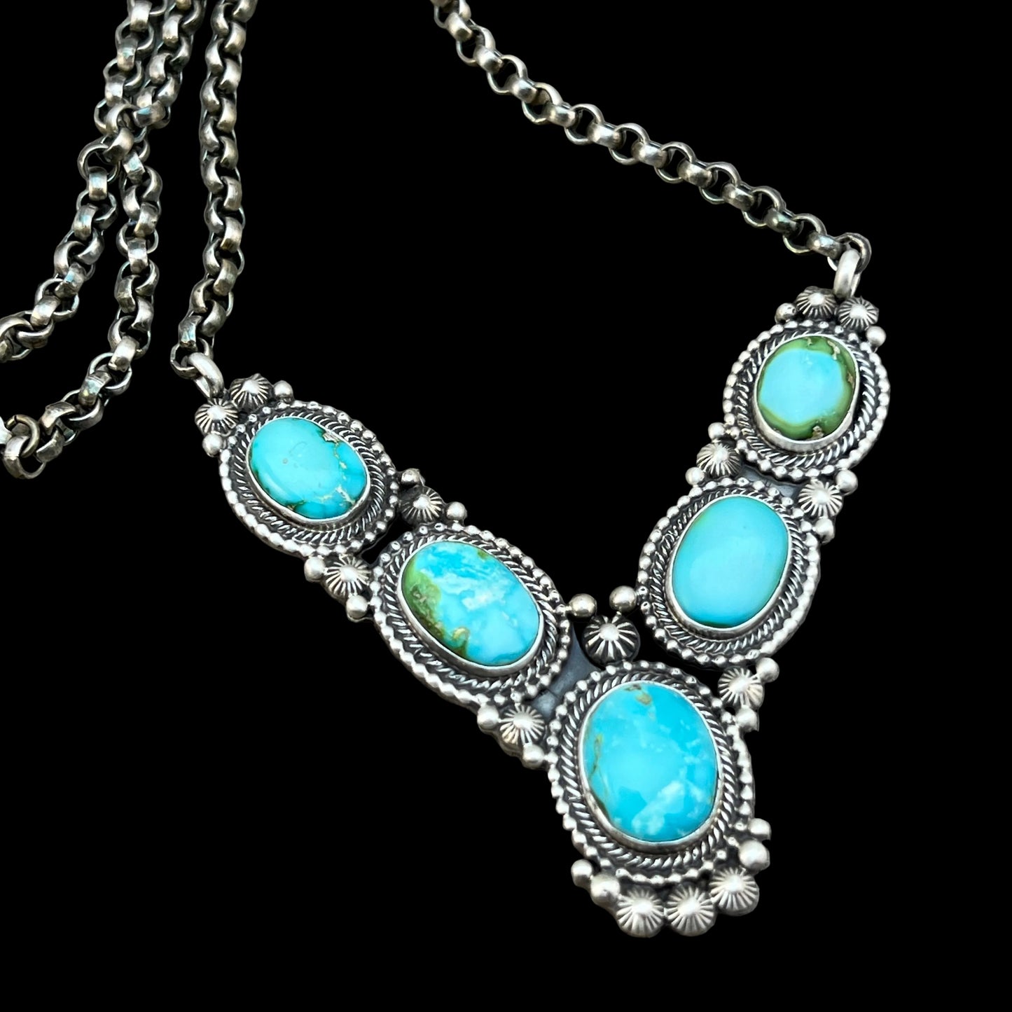 18" Blue Sonoran Turquoise Heavy Necklace Sterling Silver Tom Lewis Navajo 837