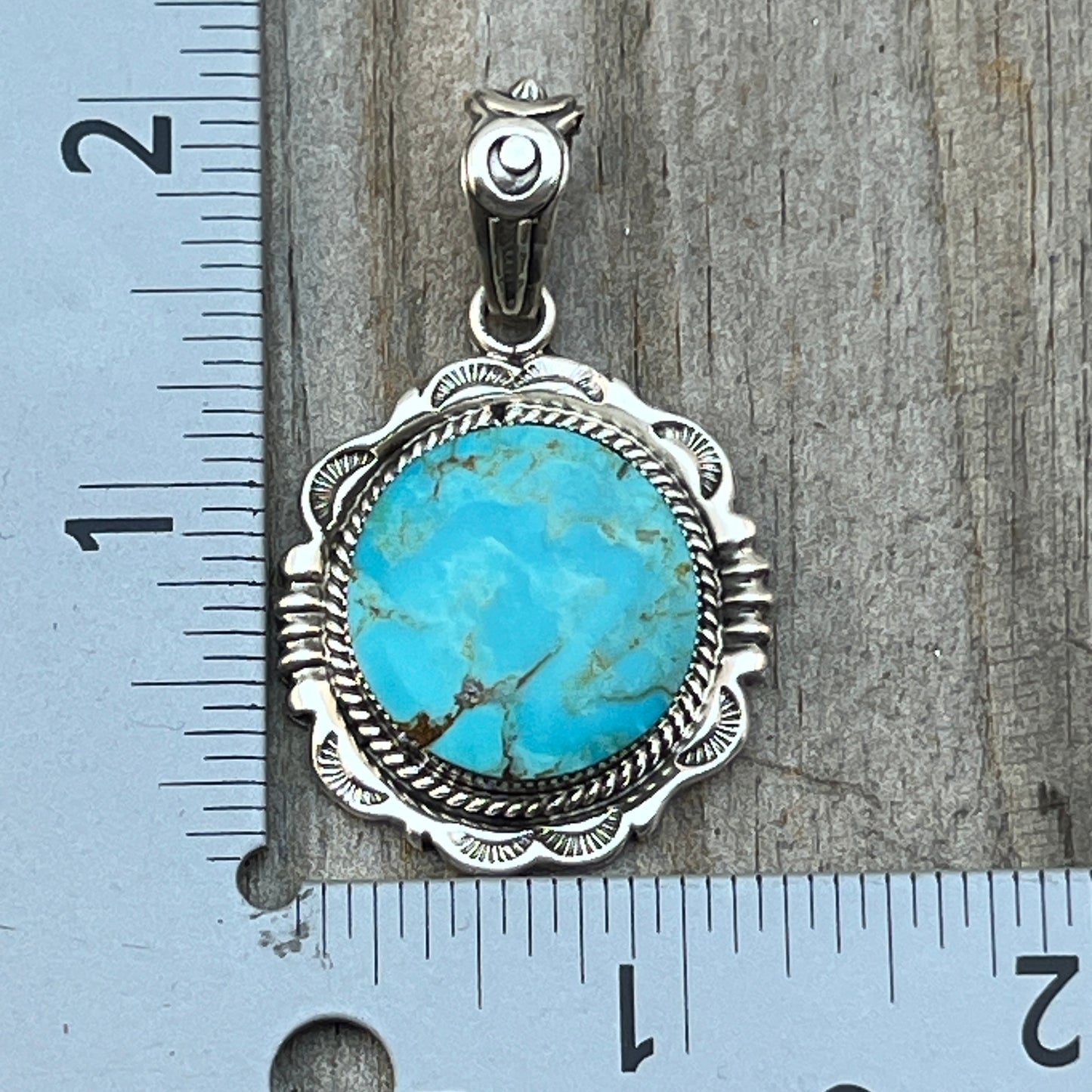 Kingman Turquoise Pendant Sterling silver Navajo handmade Jeremy Delgarito 764