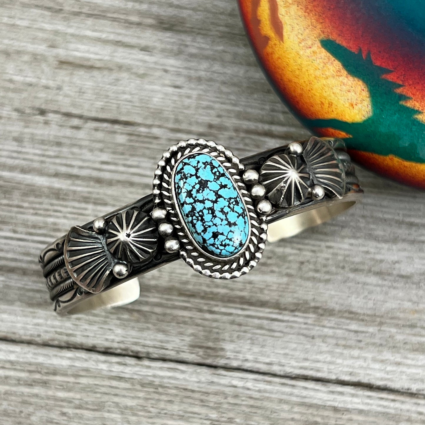 Kingman Black web spiderweb turquoise Bracelet Michael Calladitto Heavy made