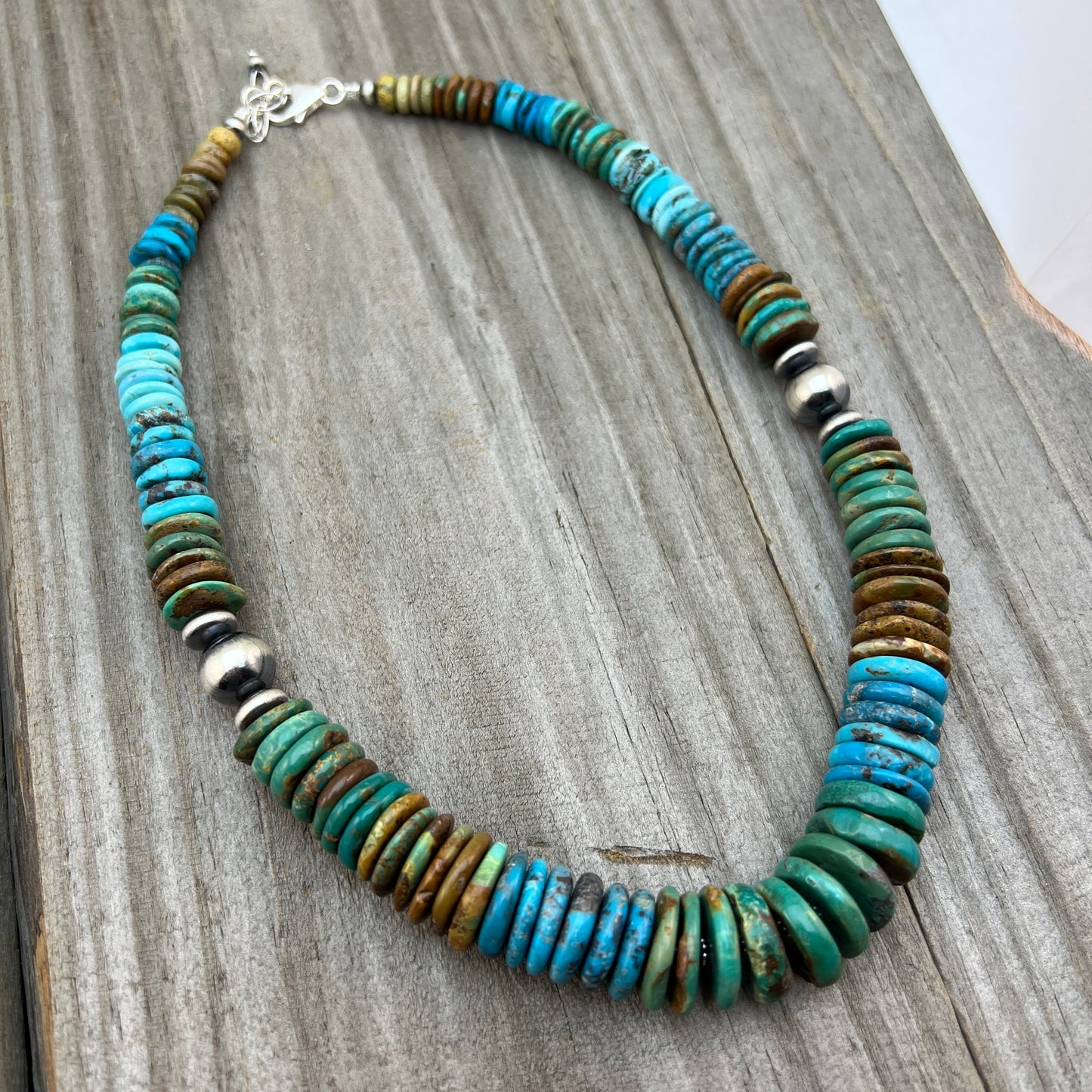 RTS 19 1/2" Turquoise Disc Necklace Choker Sterling Silver Beads, boho choker 640
