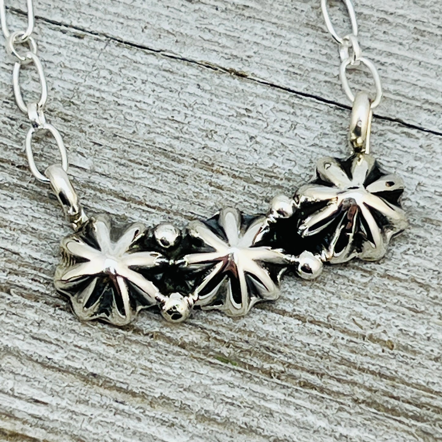22" Sterling Silver Star shot stud Concho Navajo fluted Button necklace Arlene Lewis