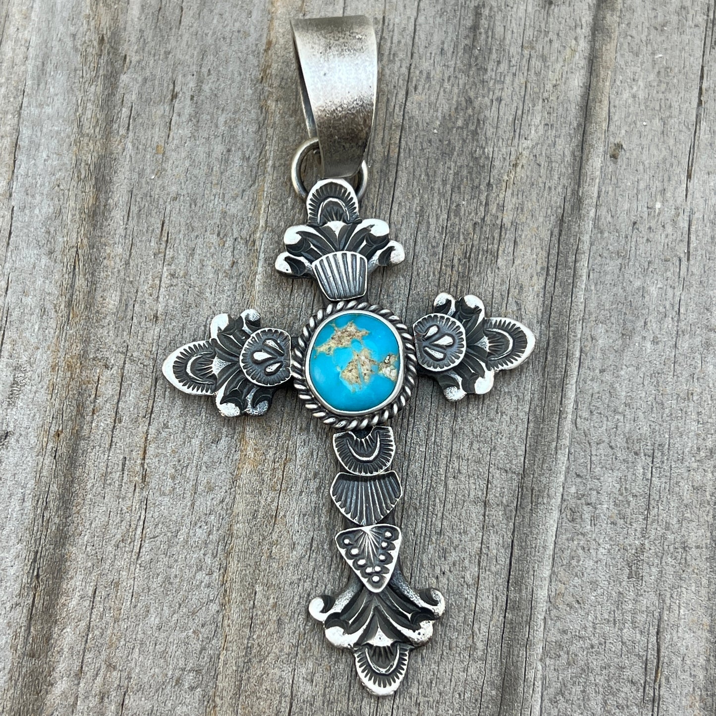 Kingman turquoise ornate cross pendant sterling silver Kevin Billah Navajo 808