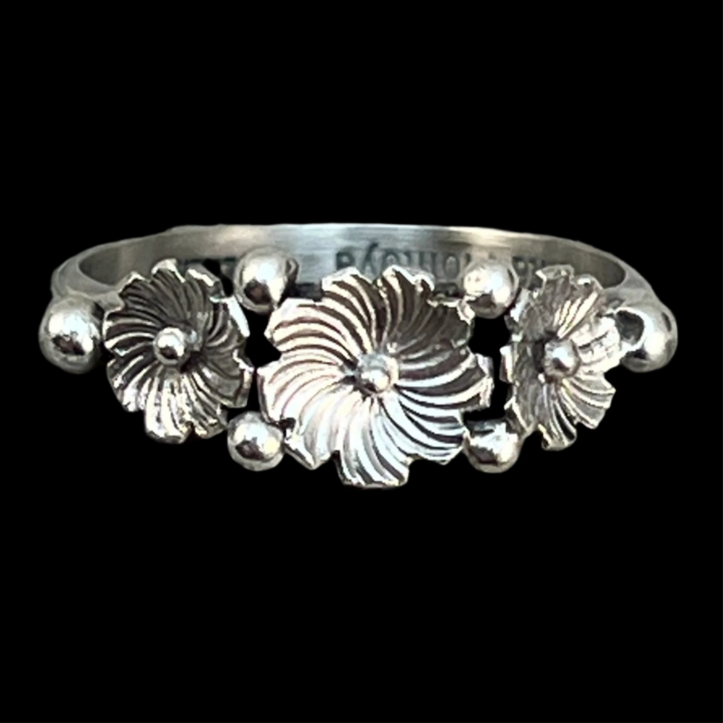 size 5.5 Sterling silver narrow skinny band, floral ring, Rita Montoya