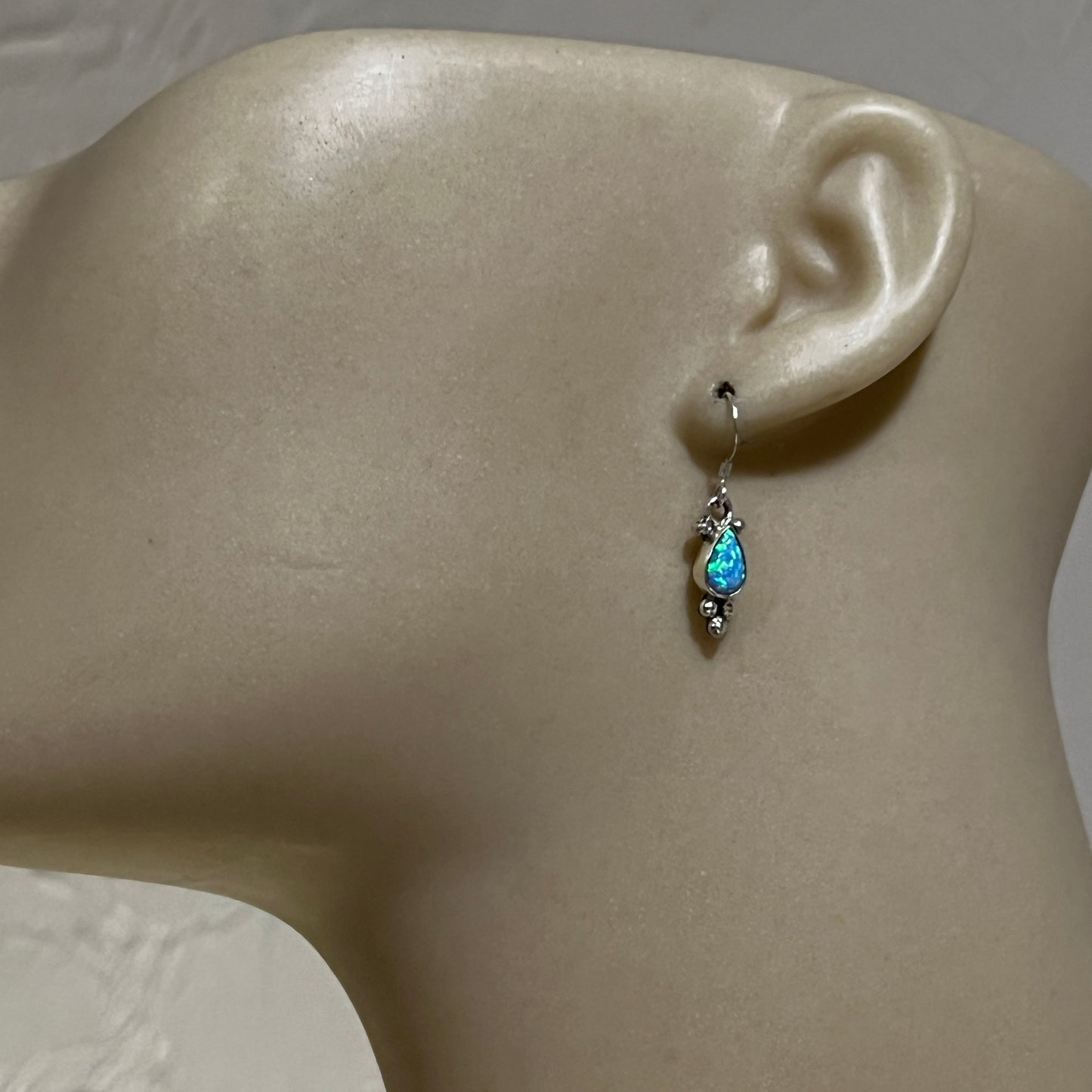 Dainty teardrop Blue Opal Dangle earrings, small handmade Sterling Silver