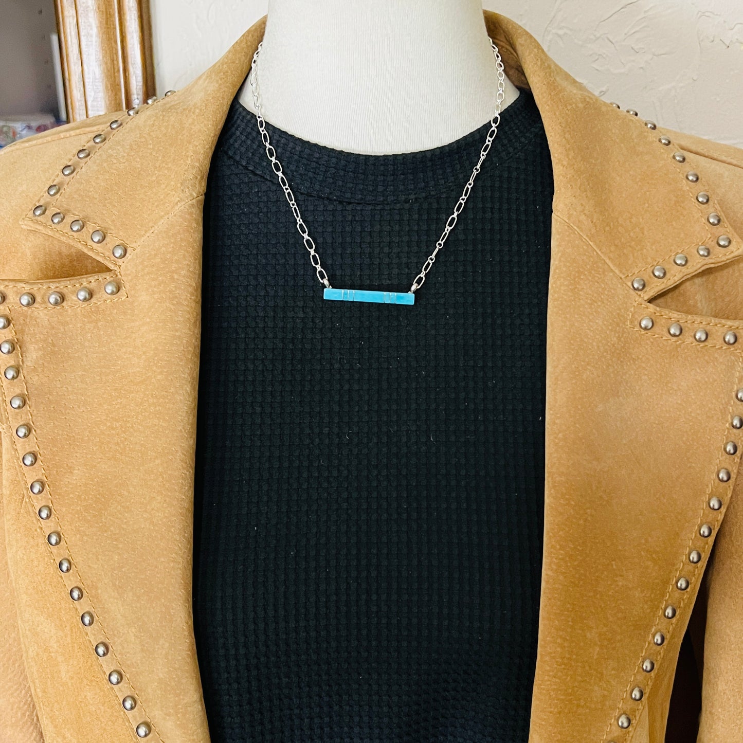 18" Turquoise inlay skinny bar necklace Zuni handmade MaDerral Kallestewa