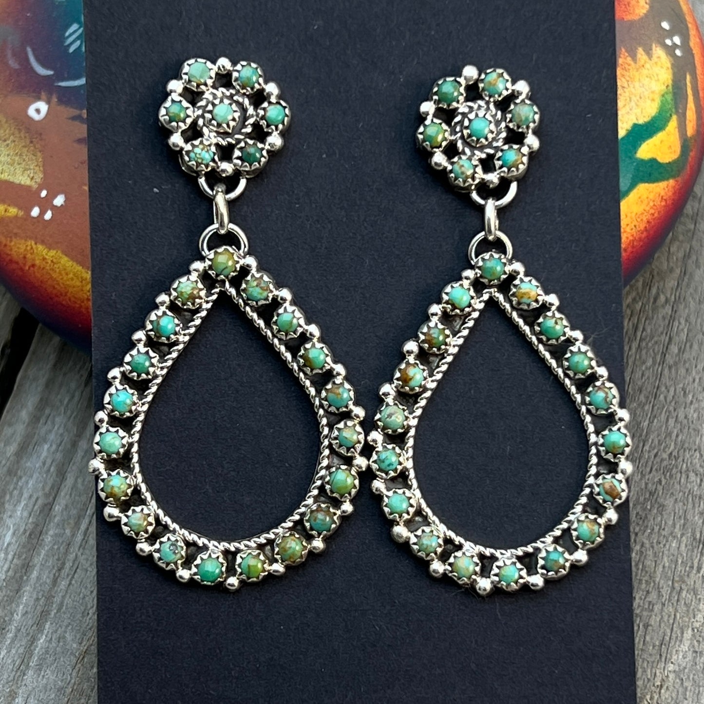 Green Turquoise snake eye dot earrings sterling silver Falencia Yazzie Navajo handmade 708
