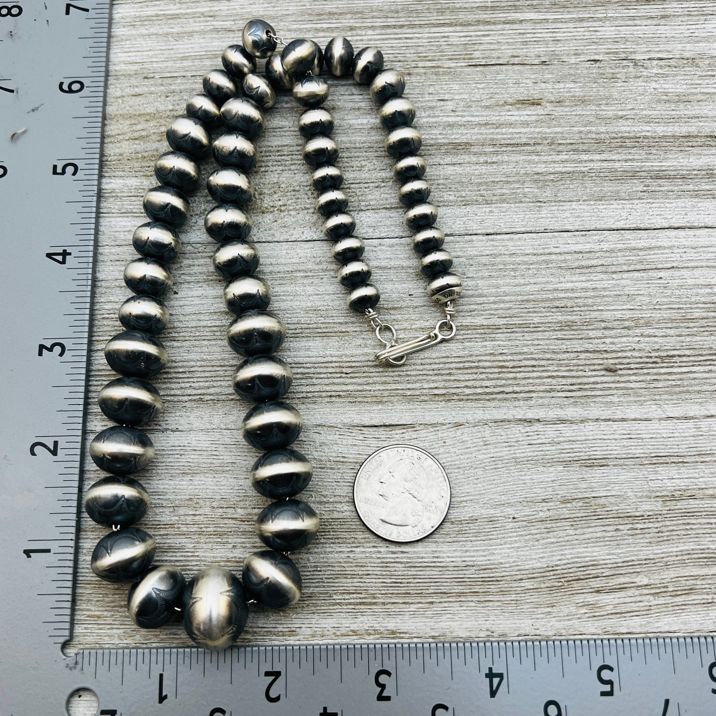 20" Sterling silver Handmade Navajo Pearl Graduated stamped bead necklace Bryannen Halwood signed