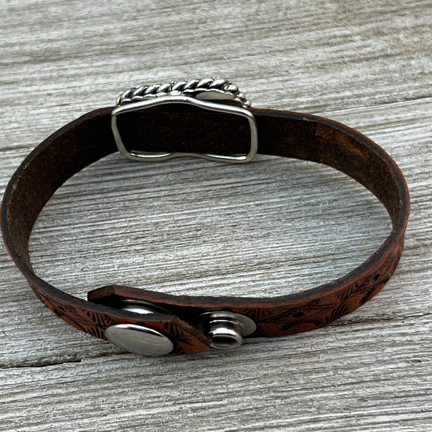 Real Turquoise leather Sterling silver bracelet adjustable Navajo Mike Smith Size 7, 7.5