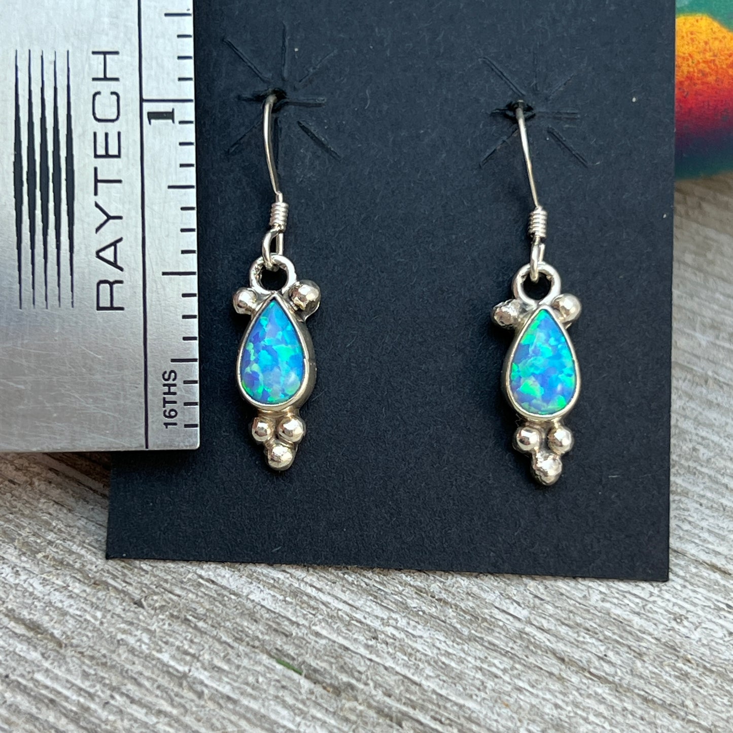 Dainty teardrop Blue Opal Dangle earrings, small handmade Sterling Silver