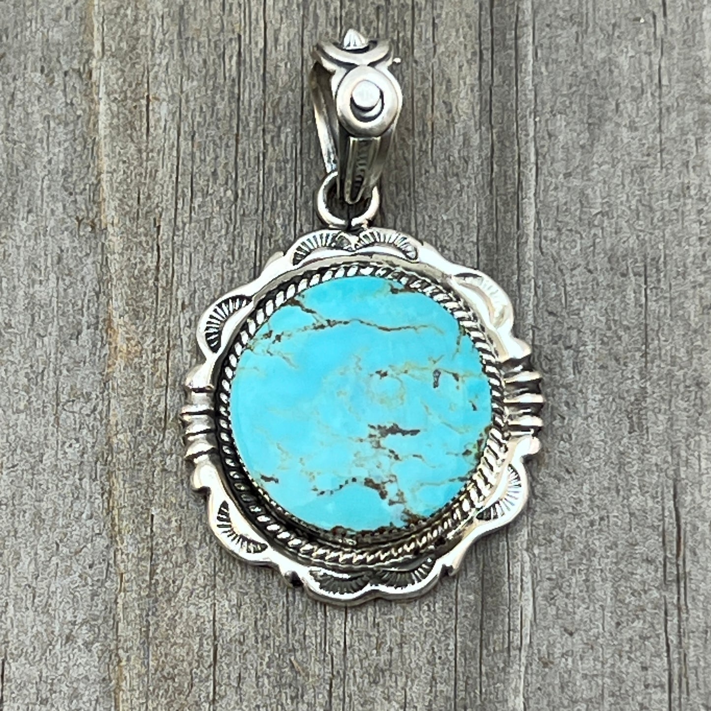 Kingman Turquoise Pendant Sterling silver Navajo handmade Jeremy Delgarito 762