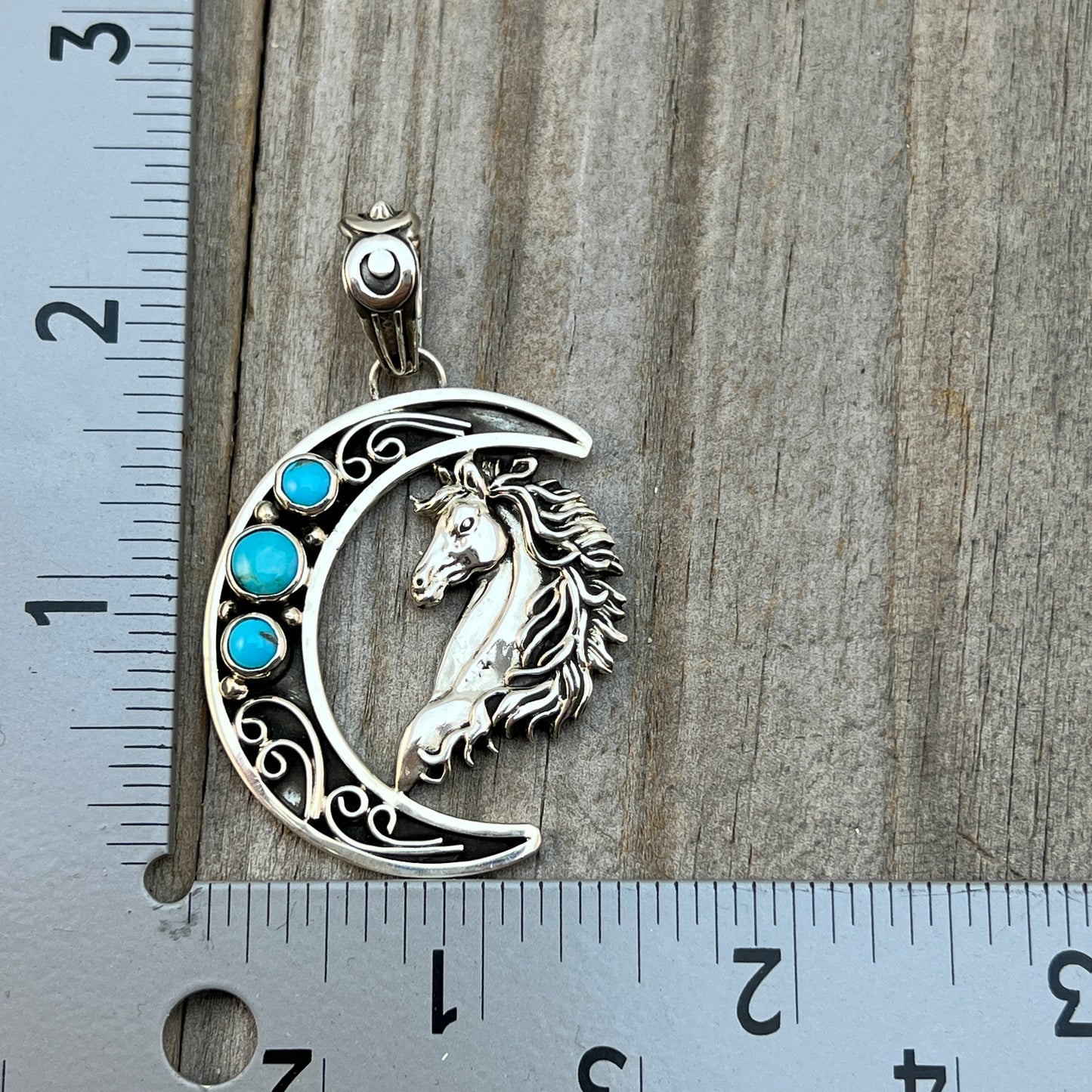 Blue turquoise horse moon pendant sterling silver Jennifer Cayaditto Navajo 823