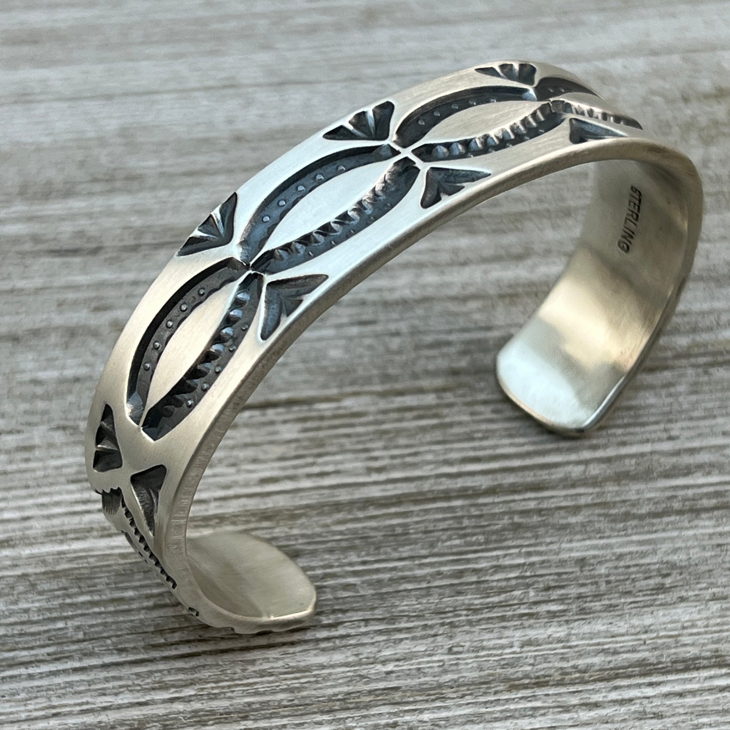 6.5" Heavy Stamped cuff bracelet 3, Navajo handmade Jerrold Tahe, sterling silver stack