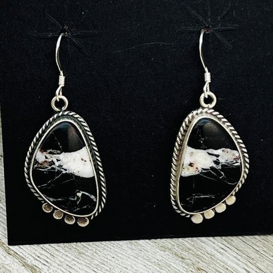 White Buffalo stone dangle earrings sterling silver Sharon McCarthy Navajo ER48