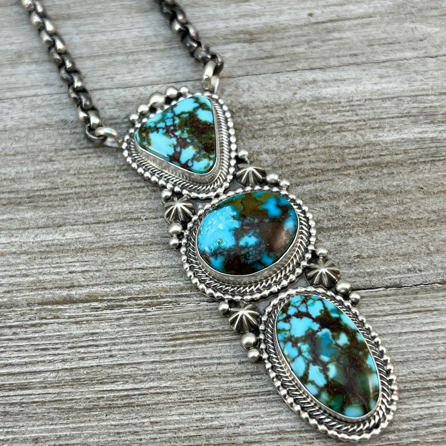 24" Kingman turquoise Necklace 1, Sterling Silver Rolo Chain Tom Lewis