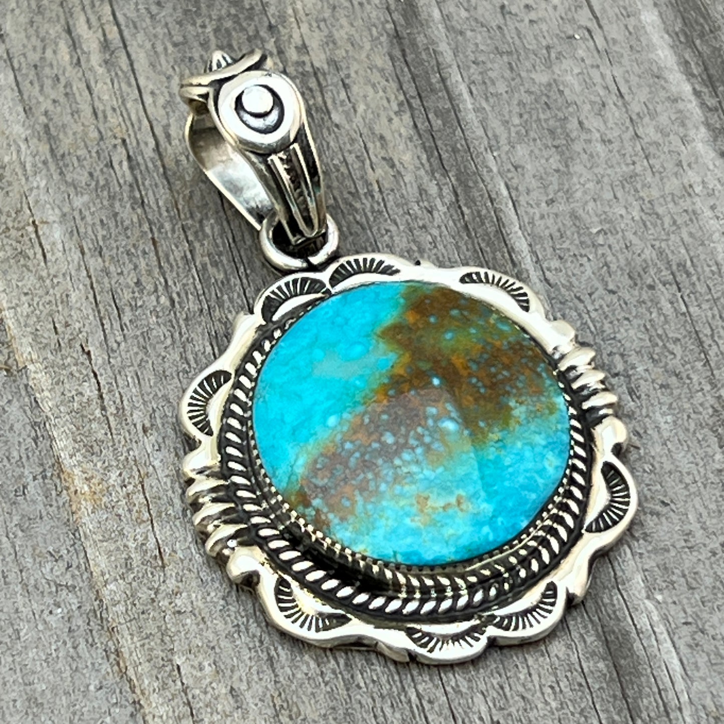 Kingman Turquoise Pendant Sterling silver Navajo handmade Jeremy Delgarito 759
