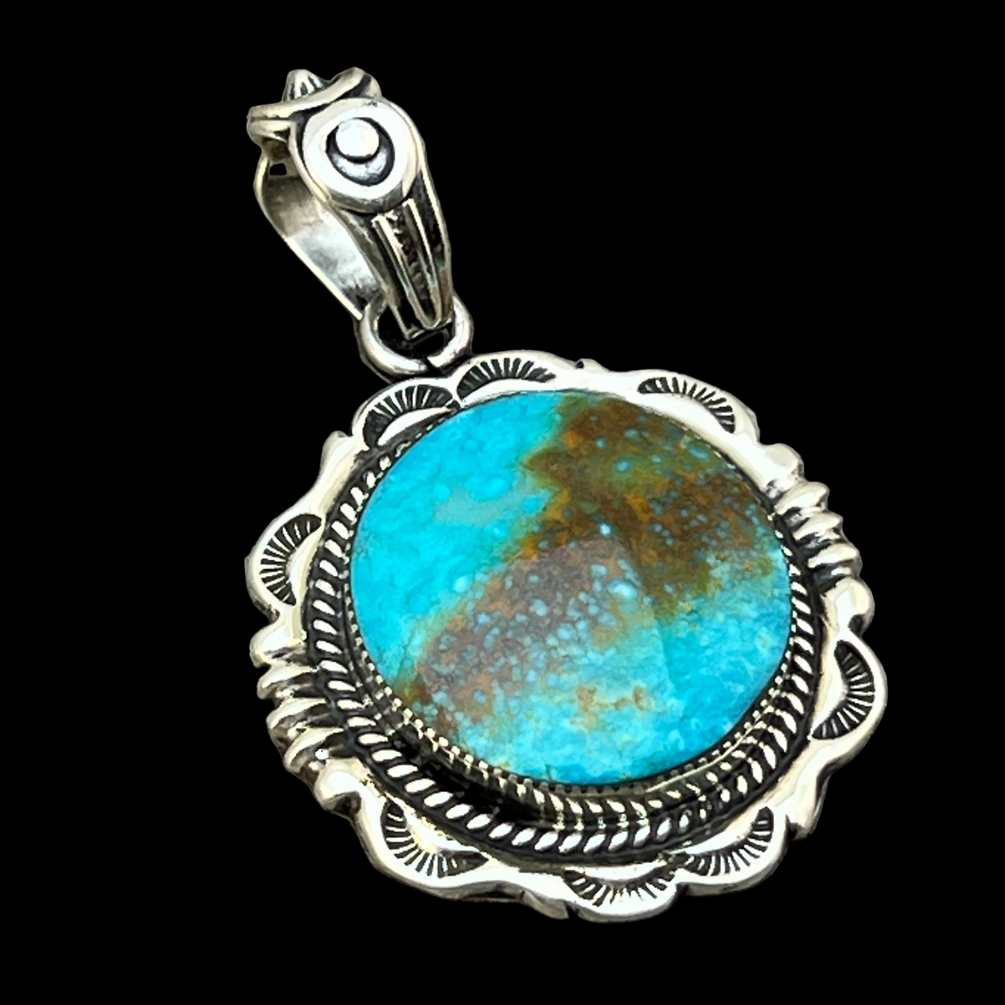 Kingman Turquoise Pendant Sterling silver Navajo handmade Jeremy Delgarito 759