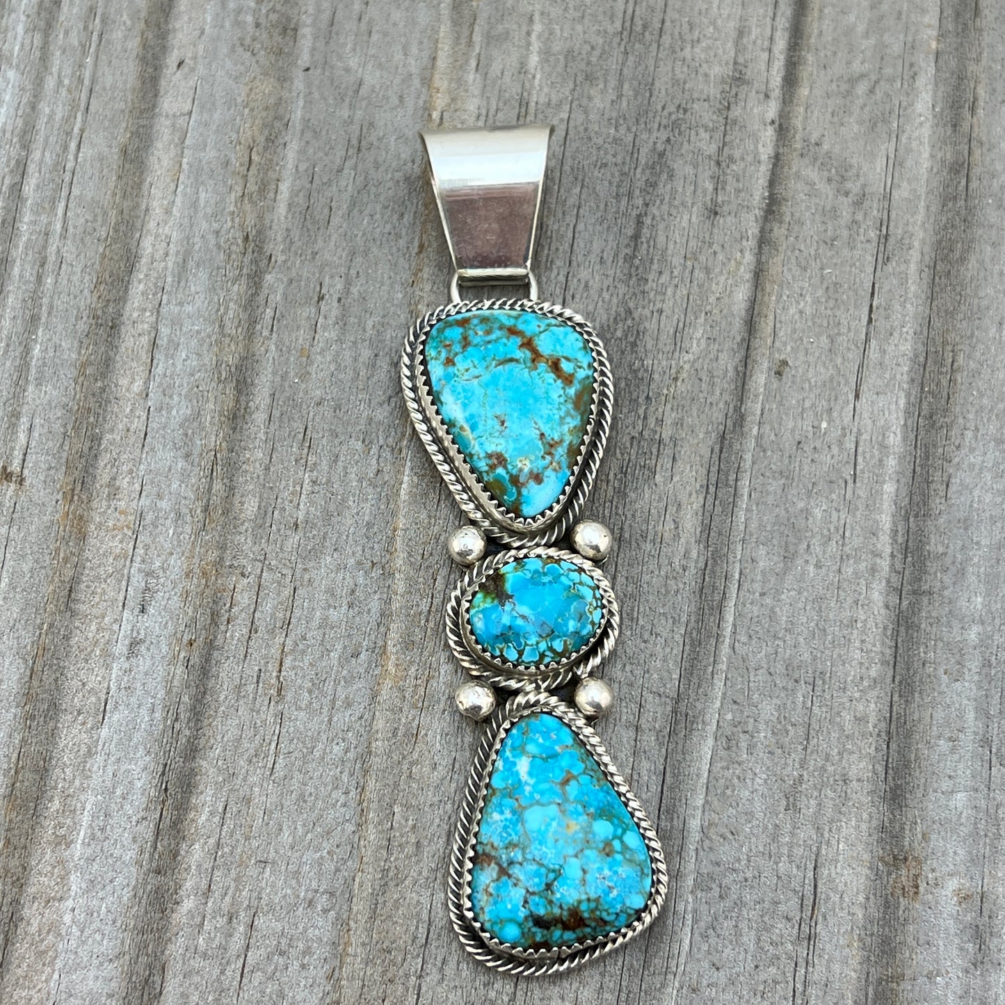 Kingman turquoise long pendant sterling silver Eunise Wilson Navajo 811