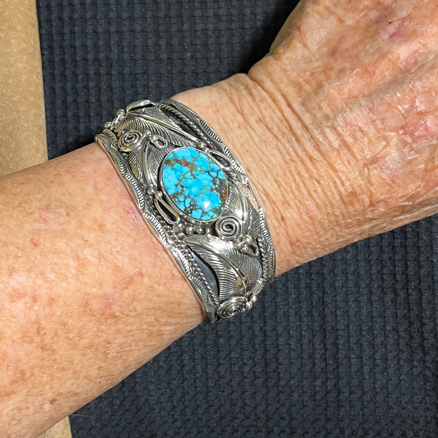 6 1/2" Kingman Turquoise floral cuff bracelet sterling silver Darrell Morgan BR5